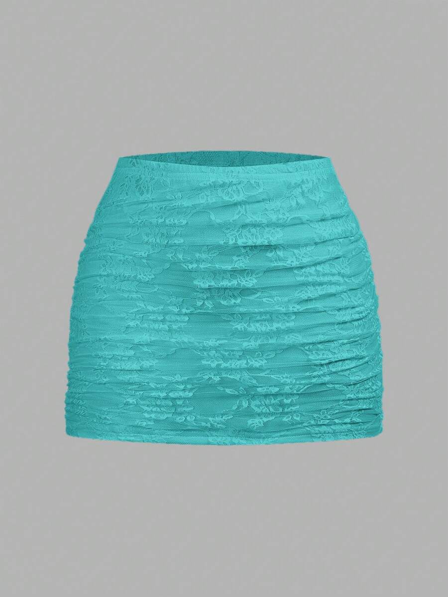 SHEIN EZwear Women's Sexy Layered Sheer Mint Blue Floral Lace Slim Fit Skirt