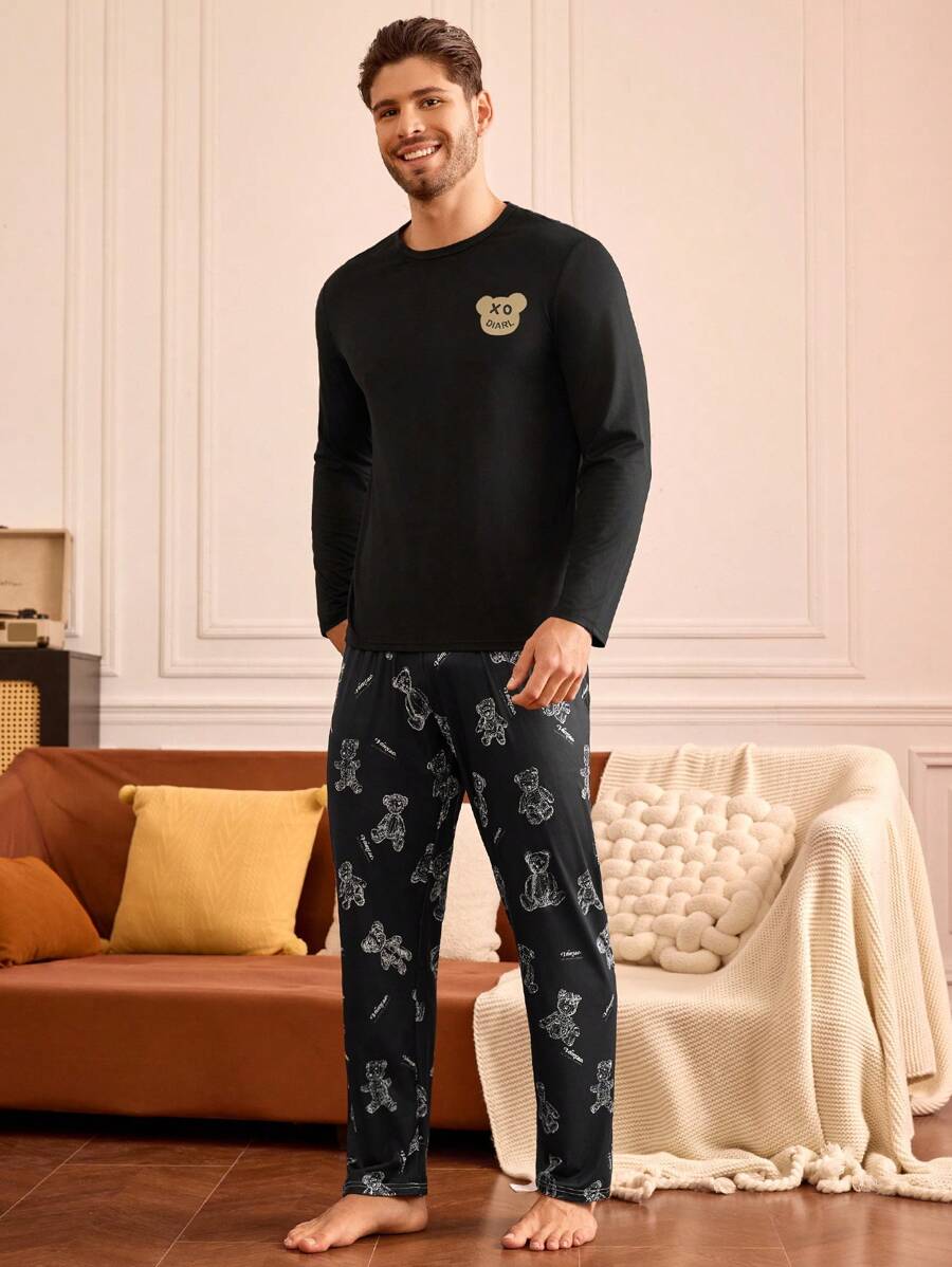 Happy Jammies Set de pijama para hombre con 2 piezas: Top de manga larga con estampado de dibujos animados y pantalones