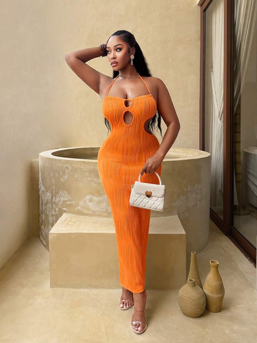BamGleam Women's Solid Color Sexy Backless Halter Long Dress For Vacation