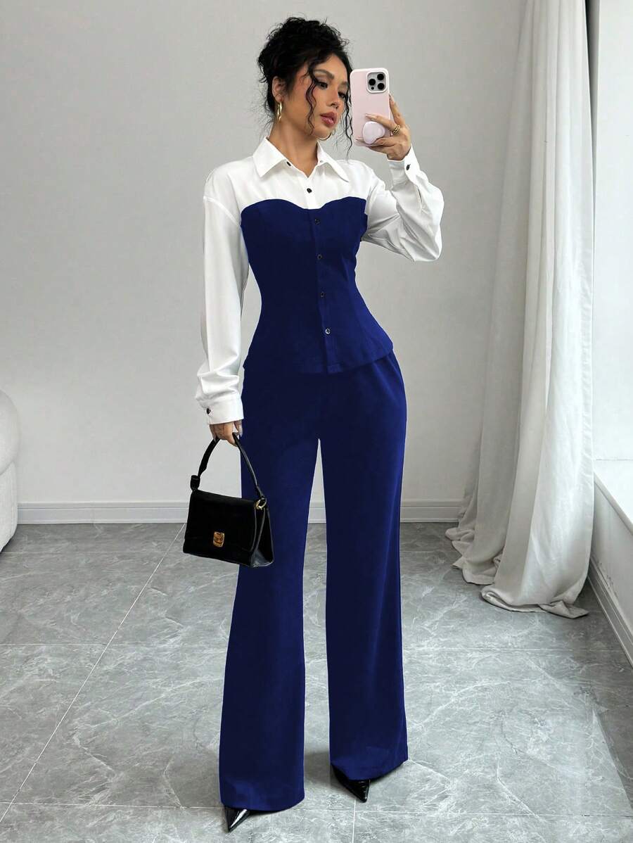 Gloray 2 sztuki/zestaw Kontrastowa kolorowa bluzka i spodnie Slim Fit, wyszczuplające