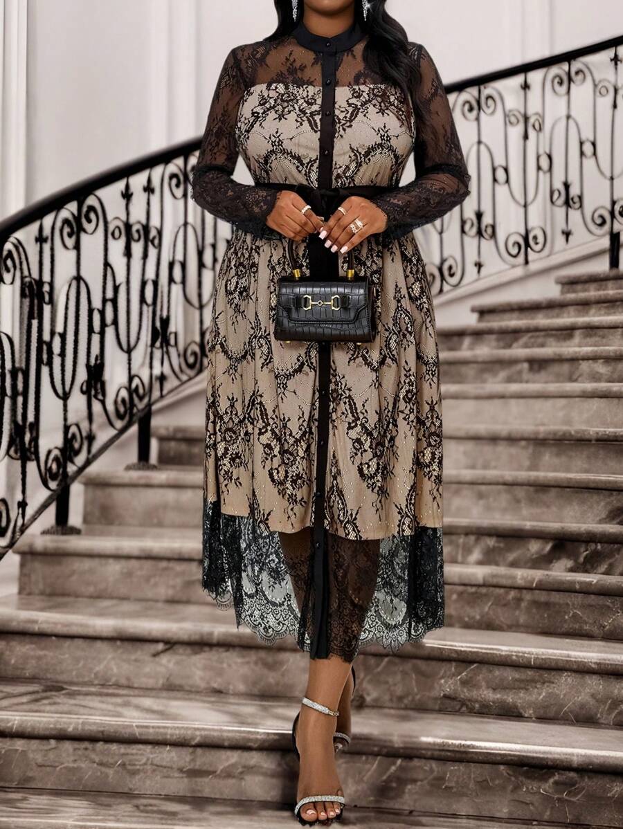 SHEIN Lady Autumn And Winter Elegant Work Office Black Knitted Lace Stand Collar Flared Contrast Lace Long Long Sleeve Plus Size Dresses Vacation Outfits Woman Beach Outfits For Woman Vacation Vacation Outfits Women Beach Vacation Outfits Beach Wedding Guest Dress Sundress Spring Outfits For Women