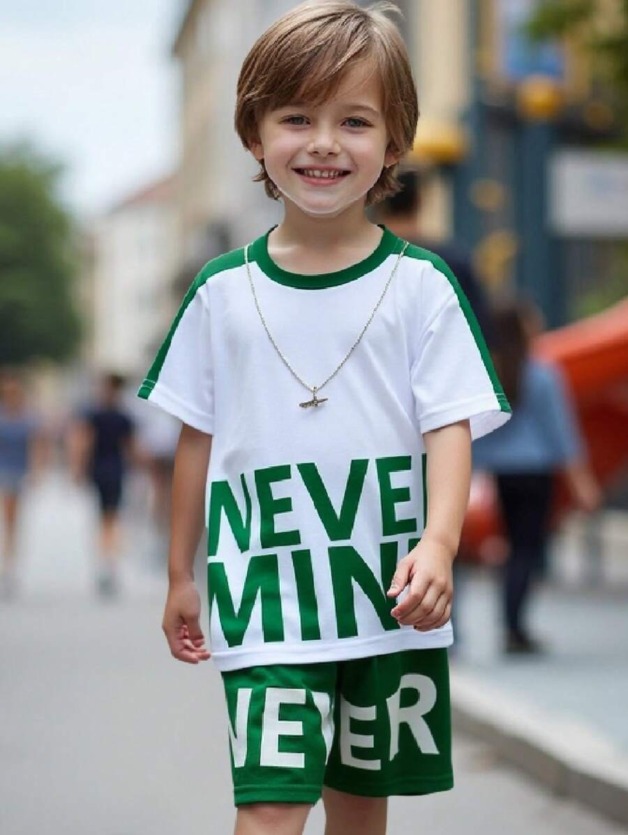 SHEIN Young Boy Casual Big Letter Print Patchwork Short Sleeve T-Shirt And Shorts Set, Spring/Summer