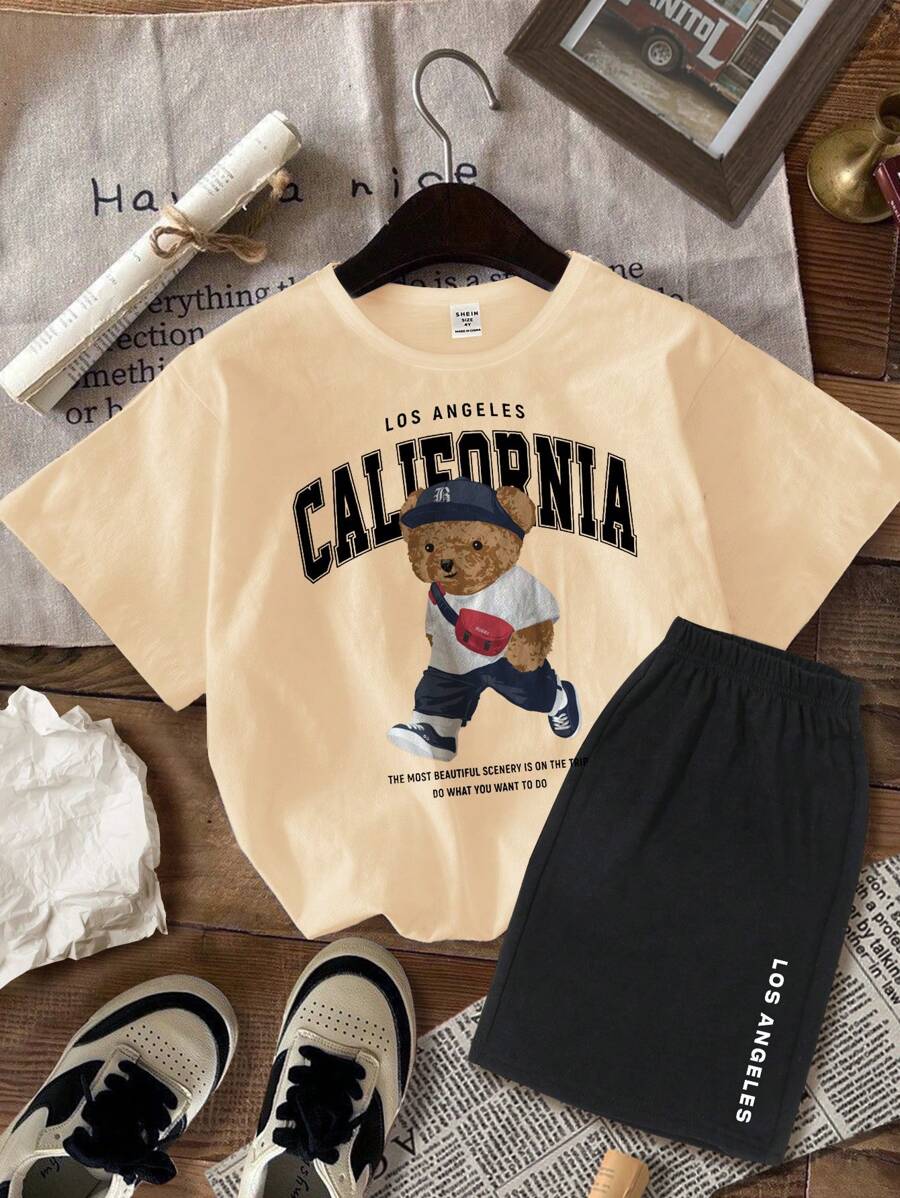 SHEIN 2pcs Boys Casual Simple Short Sleeve Shorts Set, Suitable For Summer