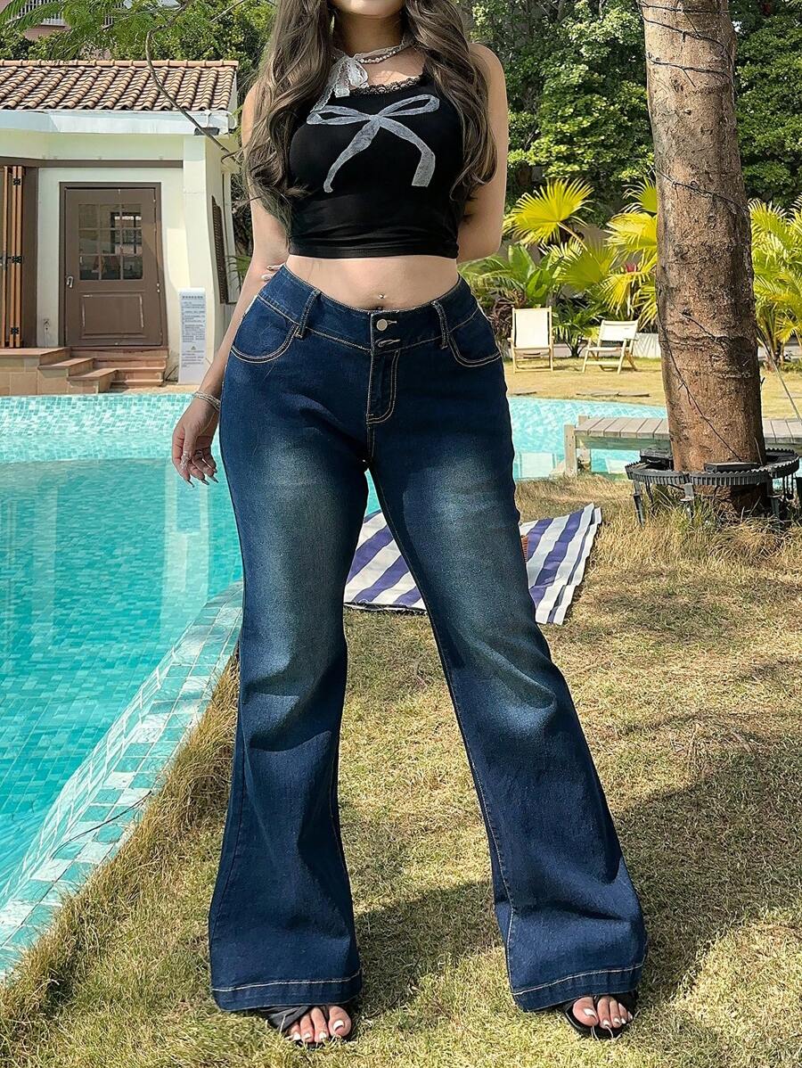 SHEIN MOD Plus Size Women Lace Splice Blue Denim Skinny Flare Legs Jeans