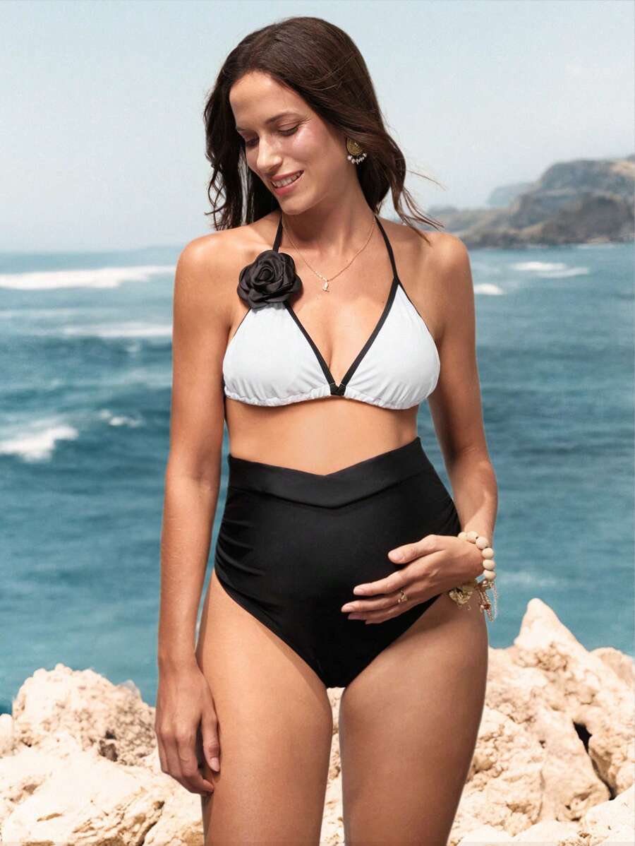 SHEIN Braga de bikini de embarazada con diseño fruncido de cintura alta