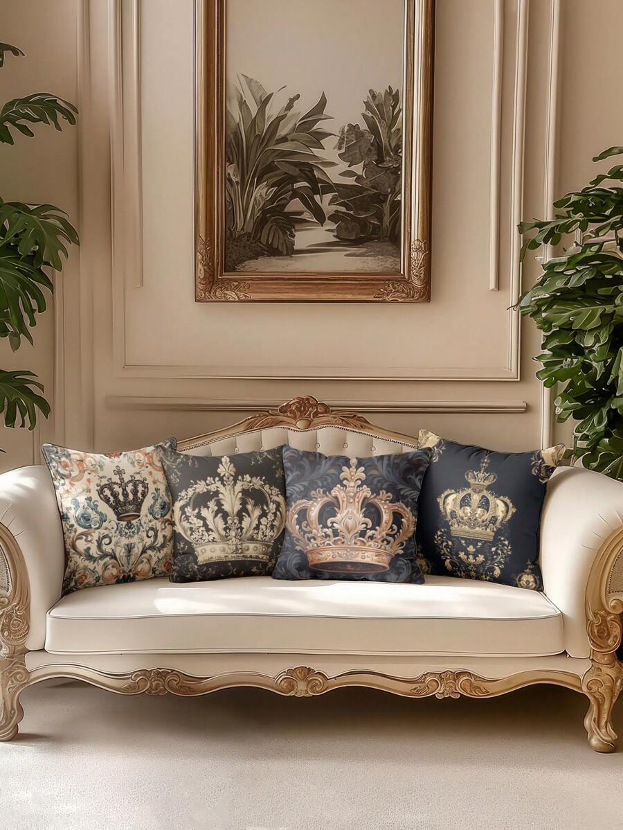 4pcs Plush Crown Pattern Pillow Covers, Soft Comfortable, Hot Selling, Home Decorative Cushion Covers For Sofa/Living Room/Bedroom, No Pillow Inserts Included
