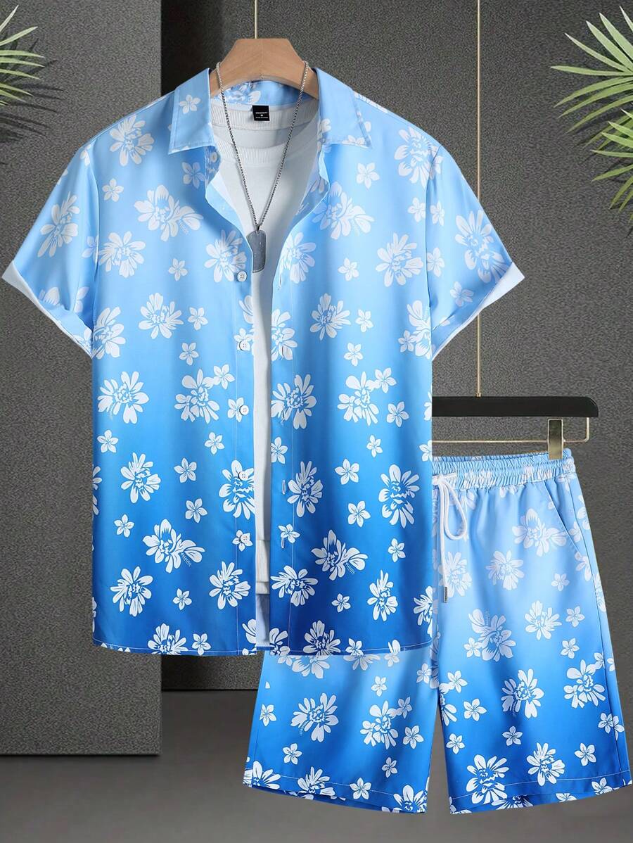 Manfinity RSRT Set de 2 piezas de camisa de manga corta con botones delanteros y estampado floral, y pantalones cortos para hombre