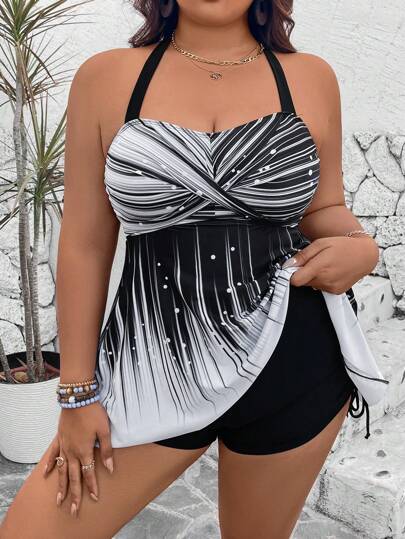 SHEIN Swim Curve Plus Size 2pcs Set, Crop Top With Graphic Print & High Waist Solid Shorts With Side Drawstring, Cami Strap Backless Criss Cross Slimming Casual Tankini