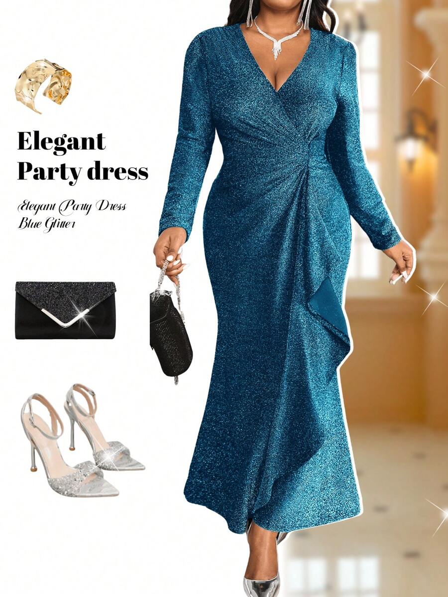 Fleurora Autumn And Winter Elegant Vintage Work Wedding Cocktail Party Christmas Sparkly Sequins Knitted Depp V Neck Rhinestone Flounce New Product Bodycon Dress Plus Size Dresses Formal Dress Prom Dress