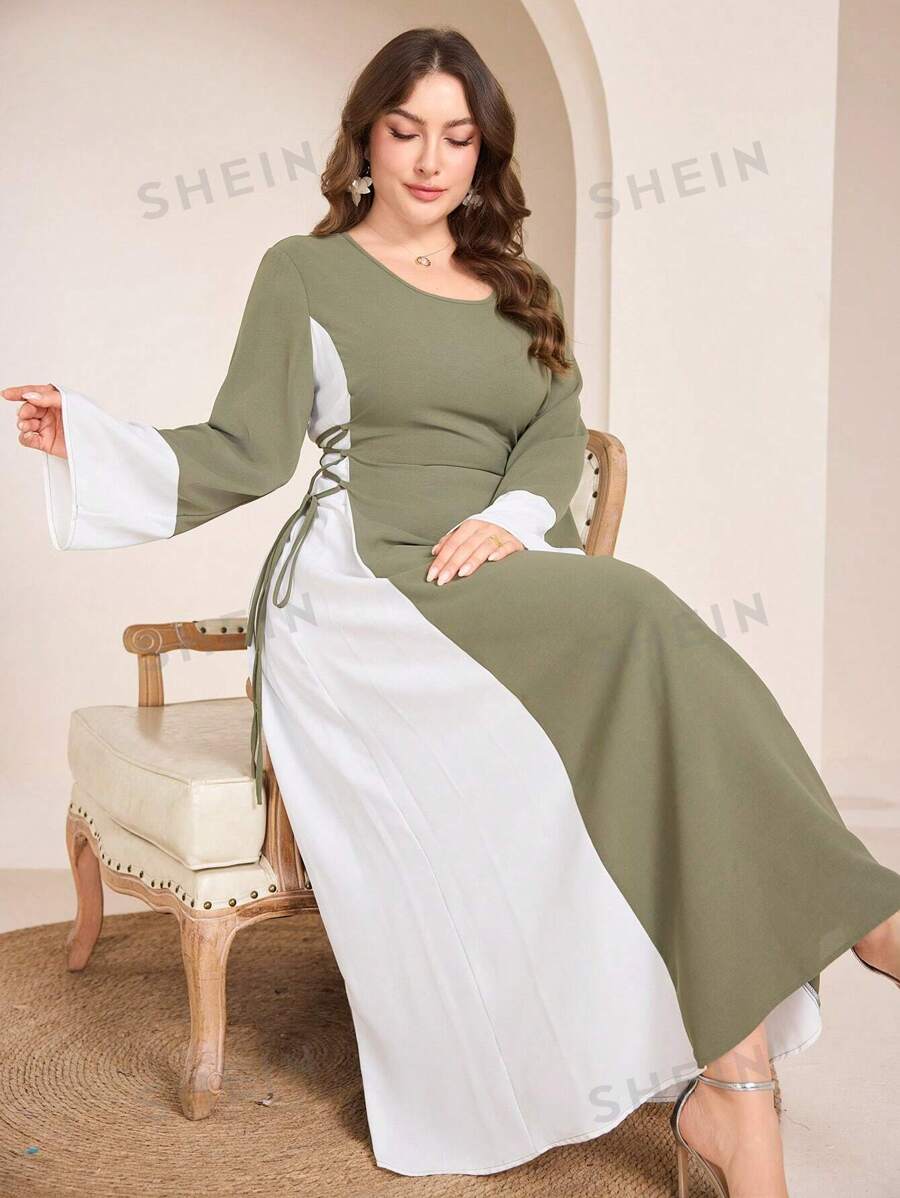 Graceveil Vestido estilo árabe con cuello redondo, diseño modesto de parches y lazo lateral para mujer talla grande