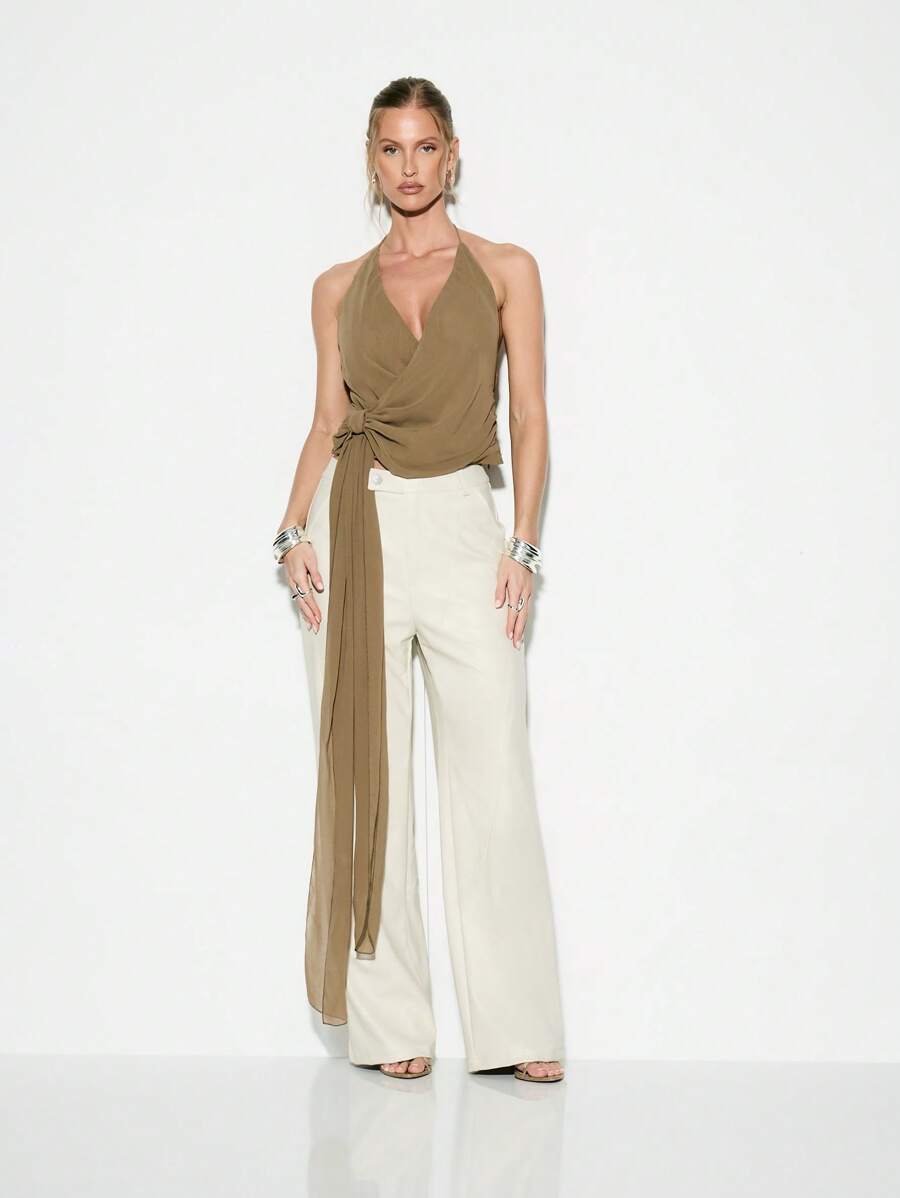 KIZN Elegant Halter Neck Wrap Top Evening Party Special Occasion Summer Sleeveless Blouse With Side Tie Detail