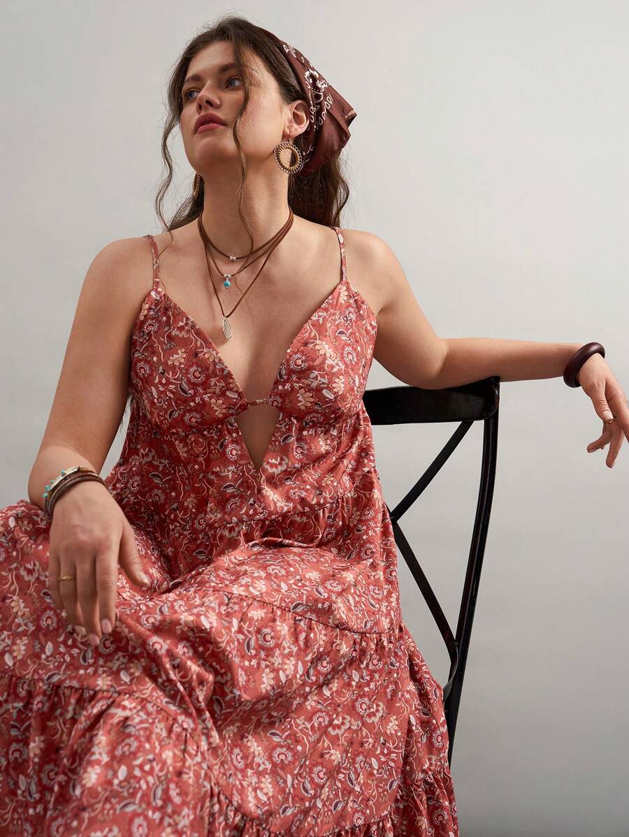SHEIN VCAY Vestido informal de tirantes con estampado floral para tallas grandes, ropa de mujer estilo bohemio, vestidos de verano, vestido floral para mujer