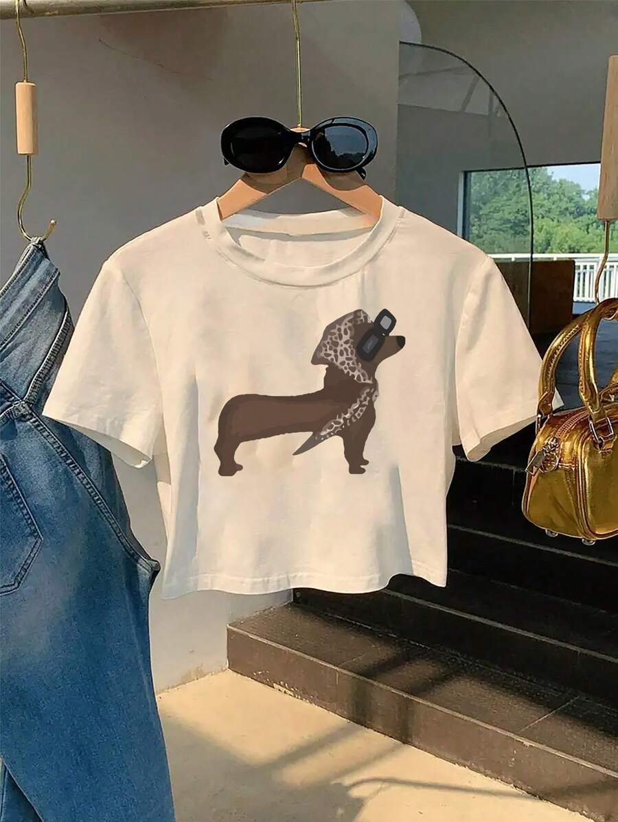 INAWLY Women's Casual Minimalist Dachshund Dog Print Round Neck T-Shirt