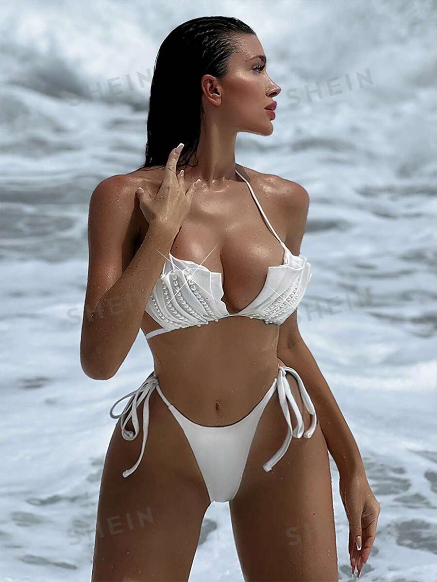 Swim SXY Conjunto de bikini de 2 piezas para usar en la playa en primavera y verano, con parte superior tipo cropped con tirantes blancos y decoración de cuentas hecha a mano, y Bottom con amarres laterales, estilo boho festivo