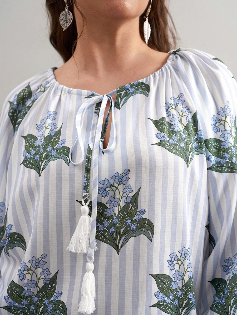 SHEIN LUNE Plus Size Women Floral Striped Tie Neckline Loose Blouse Floral Vacation Outfits Woman Country West Wear Women BOHO Easter Spring Outfits For Women Summer Outfits For Women Cute Summer Tops Easter Dress Easter Outfit Women Graphic