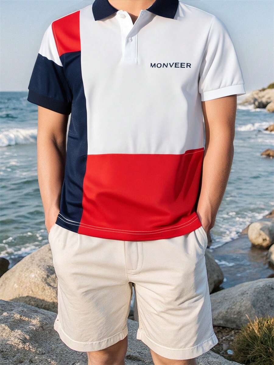 SHEIN Tween-Jungen Poloshirt mit Farbblockdesign, Stehkragen, kurze Ärmel