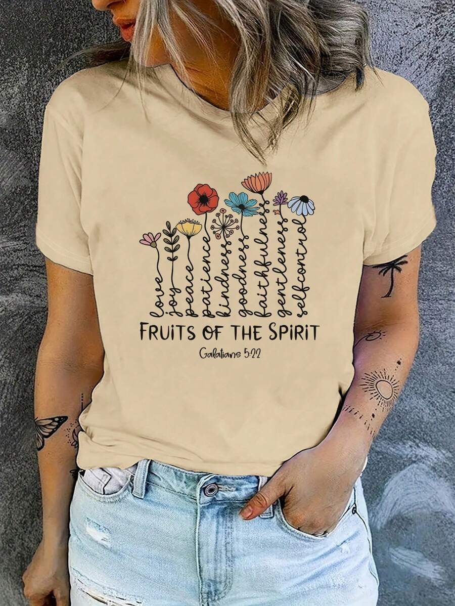 SHEIN LUNE Damska koszulka z krótkim rękawem z nadrukiem Christian Bible Scripture Jesus, Casual Knit, wiosenny top