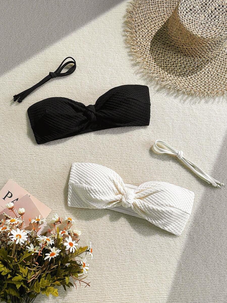 SHEIN Swim 2 sztuki/zestaw damski strój plażowy na wiosnę, letnie stroje, jednolity kolor teksturowanej tkaniny z przodu skręcony bandeau seksowny strój kąpielowy, styl boho festiwalowy