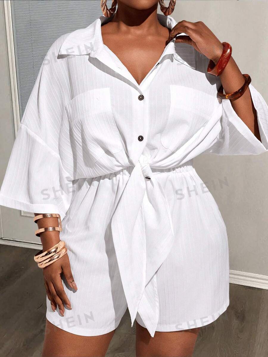 Slaydiva 2 buc 2025, nou sosire, toate se potrivesc, ocazional, pentru plajă, elegant, cu mânecă scurtă, cu buzunar, cu șnur, cămașă și pantaloni scurți pentru femei de dimensiuni mari