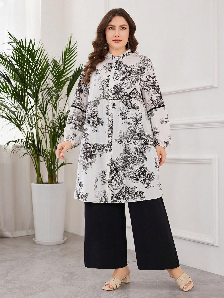 Lacomfia 2pcs Plus Size Casual Set - Stand Collar Retro Floral Print Pleated Loose Top
