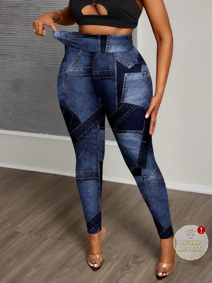 Slaydiva Plus Size Casual Minimalist Full Print Denim Effect Pattern Leggings Suitable For Going Out