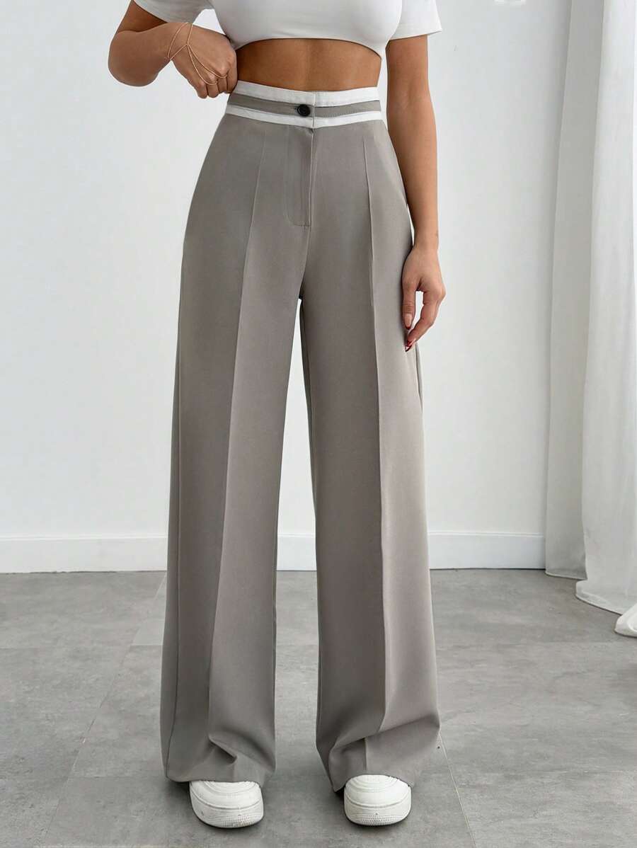 Pantalón de pierna ancha con bordado y detalles en el cinturón para mujer