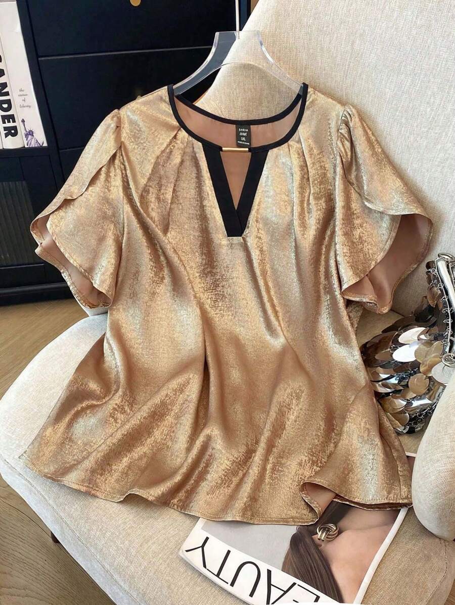 SHEIN Clasi Plus Size Vrouwen Sweetheart Hals Flounce Korte Mouw Elegante Blouse, Geschikt Voor Dagelijks Woon-werkverkeer