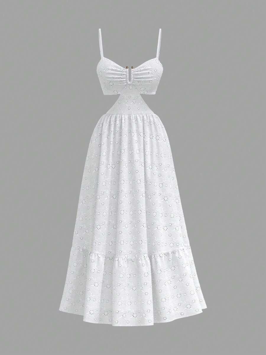 SHEIN MOD Vestido blanco acampanado con dobladillo decorado en la parte delantera y central y cintura corta