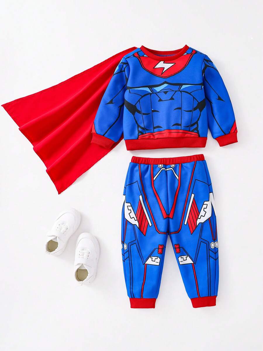 SHEIN Set de 3 piezas para niño preadolescente con sudadera con capucha con gráfico de superhéroe, pantalones y capa, adecuado para ir y venir, la escuela, casual, deportes, otoño/invierno