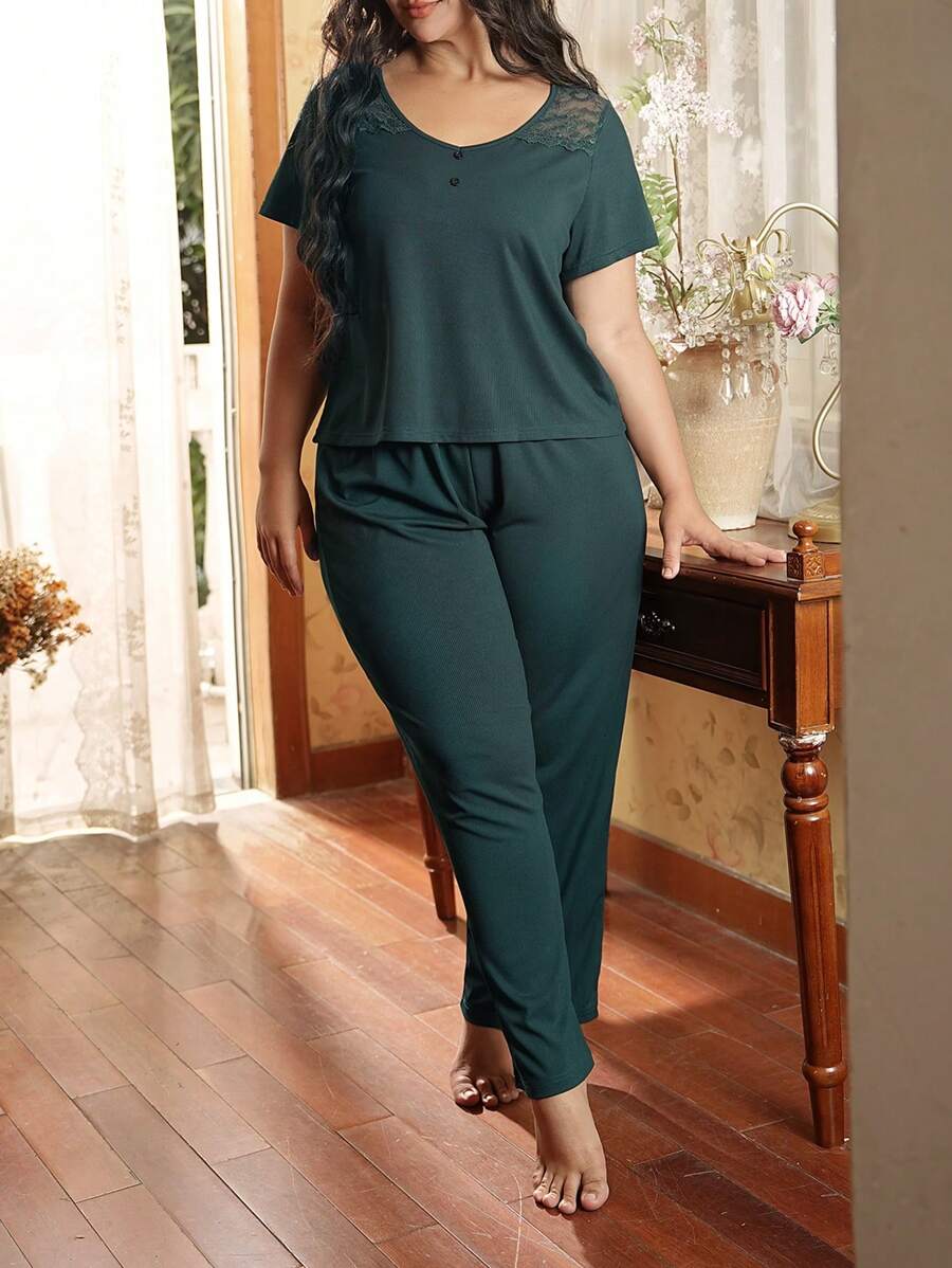 Plus Size Casual Koronkowy Patchworkowy Zestaw Piżamowy