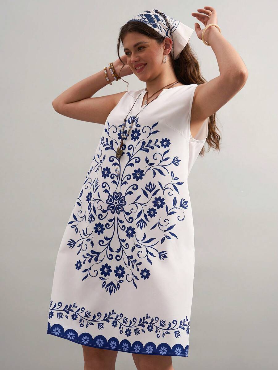 SHEIN LUNE Vestido de línea A sin mangas hasta la rodilla con estampado floral retro de talla grande, para looks bohemios de primavera, festivales y rave. Conjunto de loungewear para vacaciones de verano, ropa de mujer de estilo "old money", atuendos de mujer para el Día de San Patricio y Pascua, y para country concerts y conciertos de primavera.