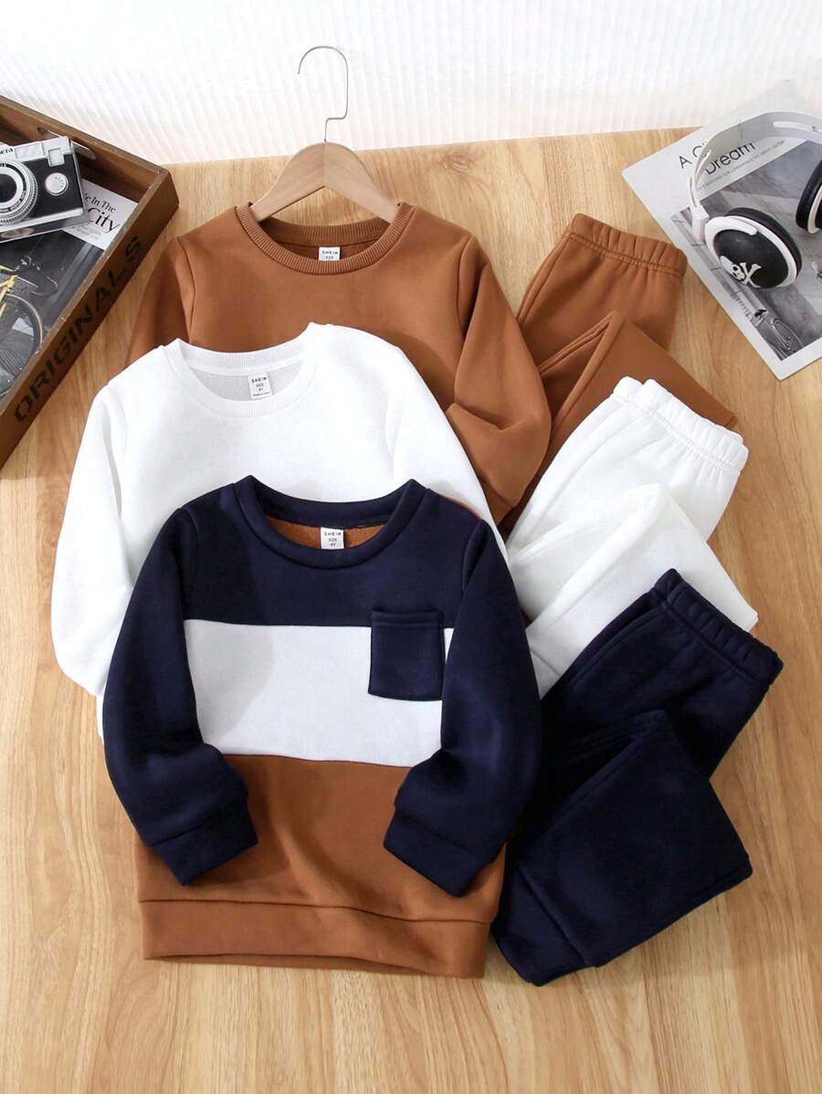 SHEIN 1 Obtén 6 piezas Conjunto de sudadera de cuello redondo de manga larga y pantalón de chándal de cintura elástica para niños pequeños, de unicolor y block de color, adecuado para volver a la escuela, cumpleaños, baby shower, fiesta de vacaciones, otoño/invierno, felpa, engrosado