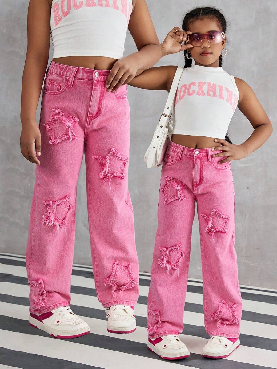 1pc Tween Girls Star Embroidered Straight Leg Jeans, Does Not Include Accessories
