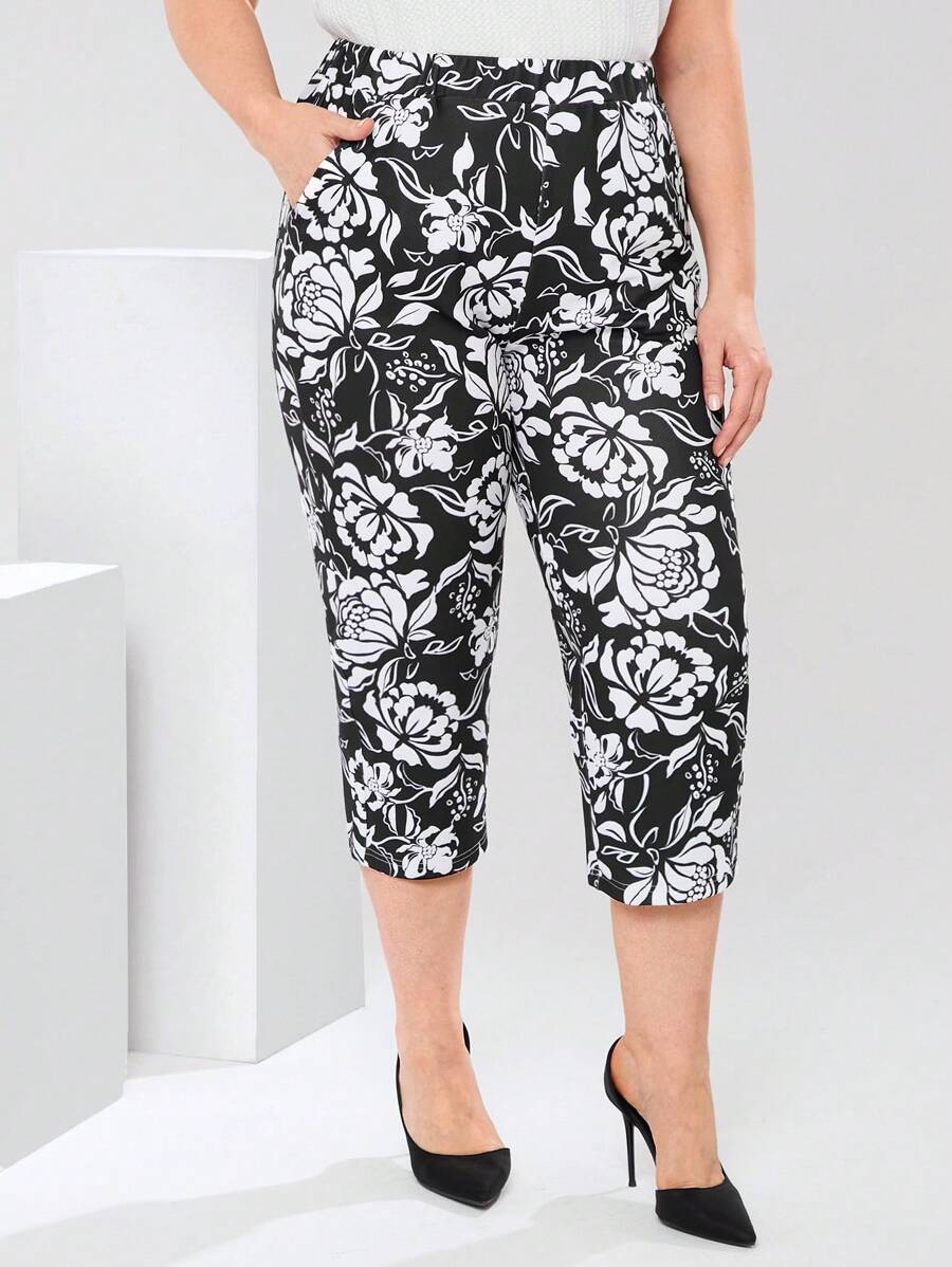 EMERY ROSE Plus Size All-Over Flower Print Casual Elegant Pants, Summer Clothes Spring Outfits For Women Mature Elegant Woman