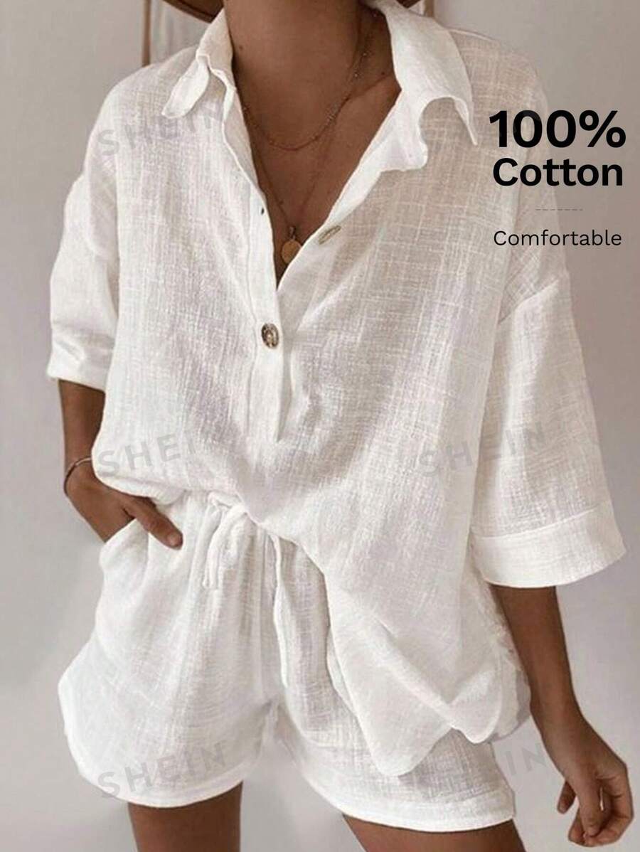 SHEIN EZwear Conjunto casual de verano para mujer en tejido blanco suelto con hombros caídos, camisa y shorts