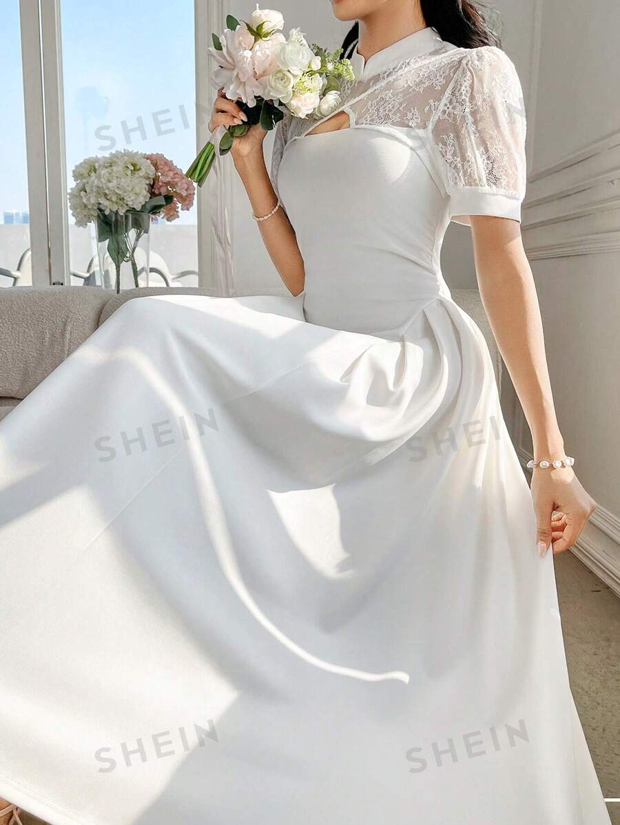 Modelyn Vestido de manga larga de alto nivel con cuello alto, plisado y encaje de contraste para mujer, color blanco