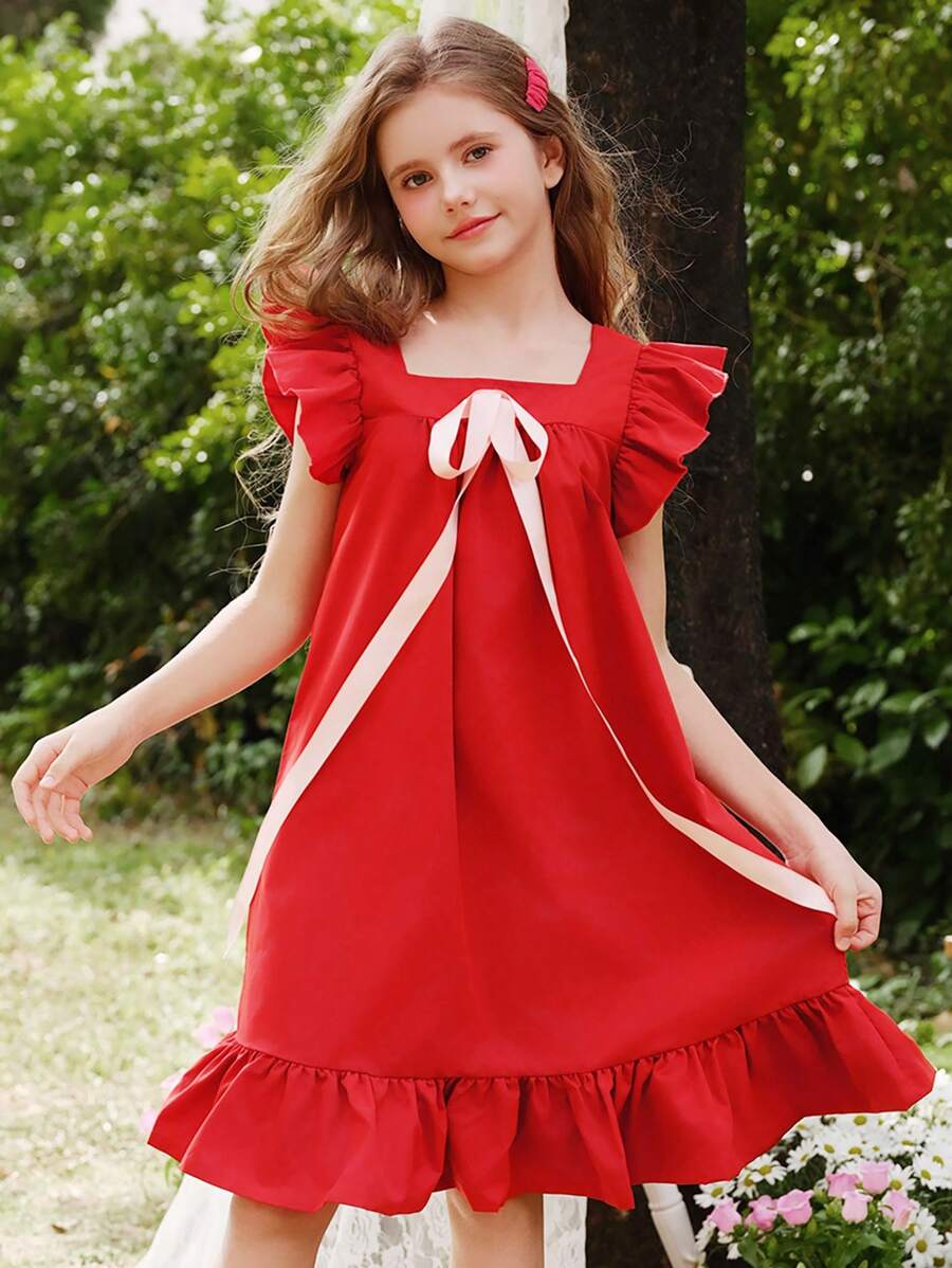 SHEIN Wildeya Tween-Mädchen Lässiges, elegantes, süßes A-Linien-Kleid mit Flügelärmeln und Schleife, Kleid mit rundem Kragen, rot, geeignet für Frühling, Sommer, Herbst, Ausflüge, Schule