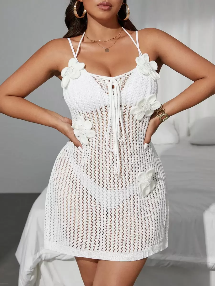 SHEIN Swim Curve Abito copri-bikini da donna taglie forti, con scollo a V, laccetti, decorazione a farfalla e fiore di perle, bianco, per la spiaggia