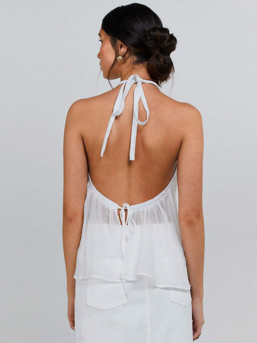 Athîral Women's Casual Solid Color Pleated Backless Halter Neck Cotton Top, Summer