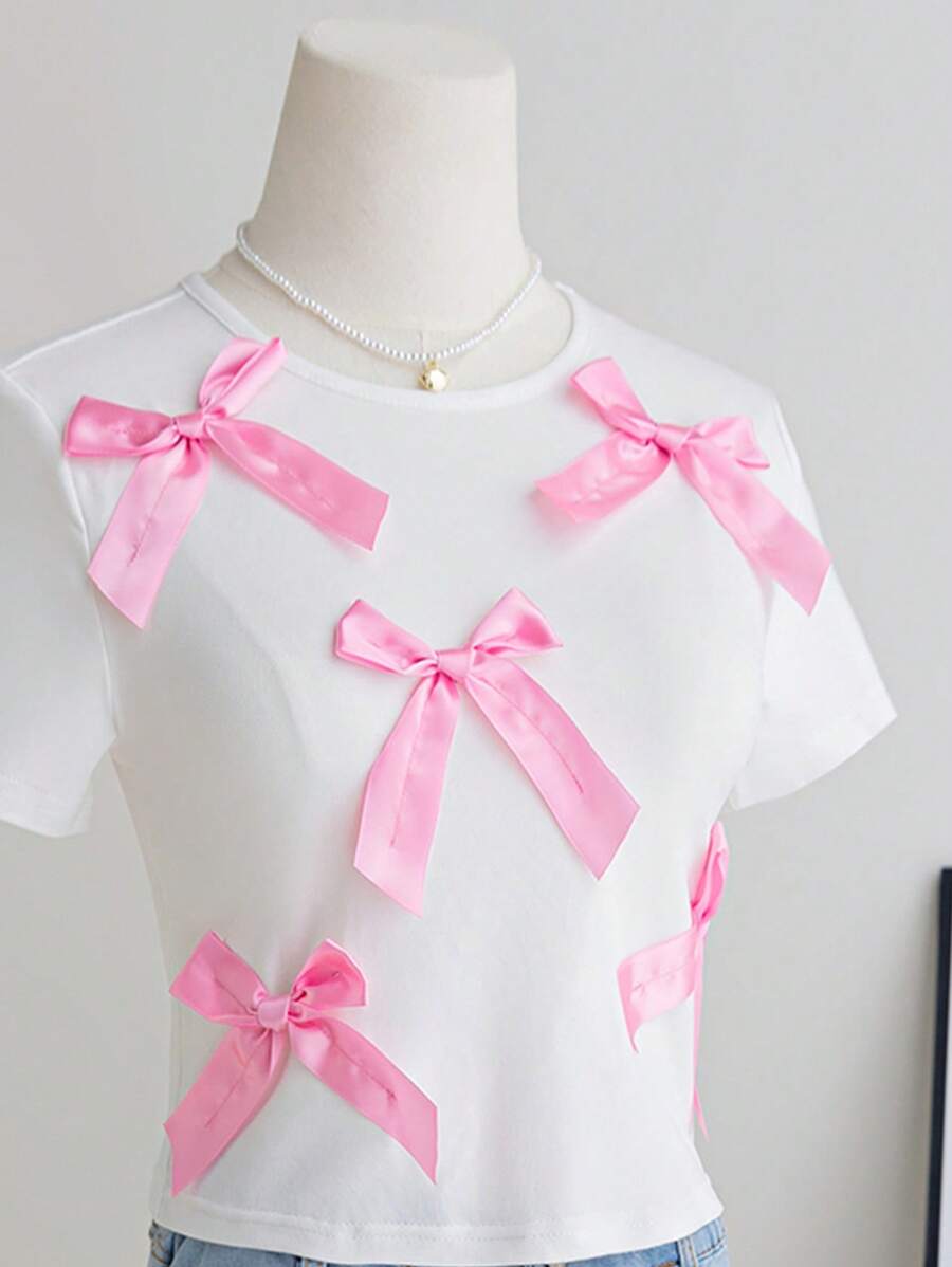 Wildeya Mädchen T-Shirt mit 3D Schleife, kurz geschnitten und passgenau, süßer mädchenhafter Y2K Stil