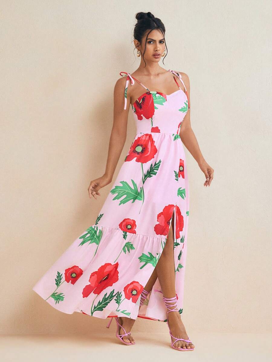 BELANGE HANDMADE Designer Women's Pink Floral Print Tie-Up Shoulder Straps Slit Ruffle Hem Long Sundress, Valentine's Day Date Party Spring Summer Dress, Concert Outfit, Rave Outfits Pastel, Prom Dress, Brunch Outfits, Tea Party Dress, For Festival, Spring Break