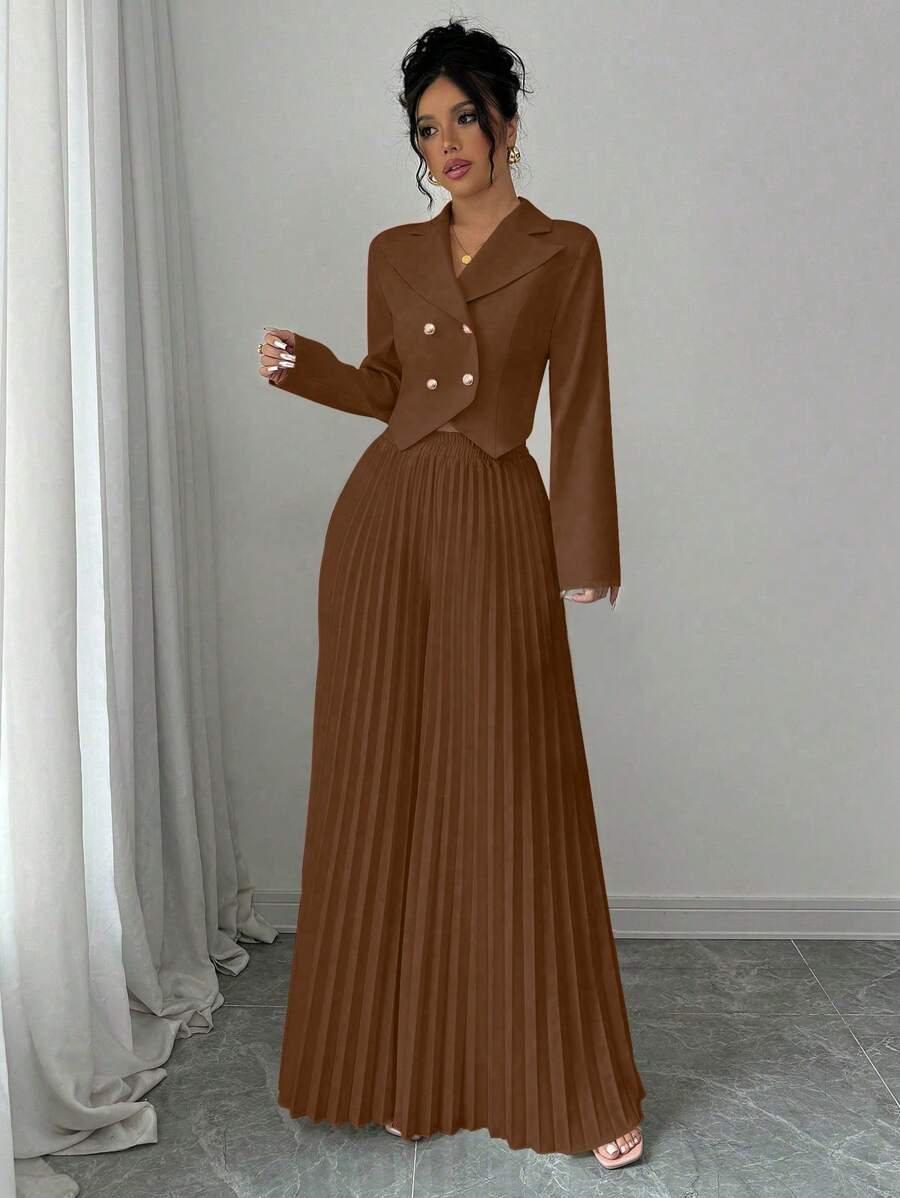 Elenzga 2 Pieces Set: Solid Color Button-Up Jacket And Wide-Leg Pleated Pants