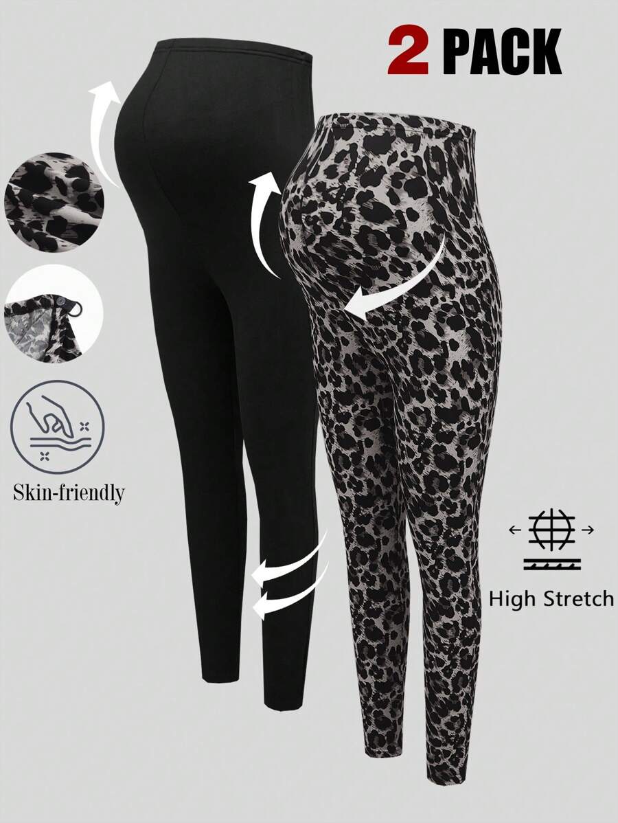 Modmama Set de leggings de maternidad ajustables de punto con estampado negro y de leopardo