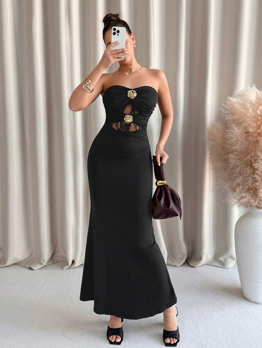SHEIN Clasi Robe maxi sirène élégante avec patchwork en dentelle ajourée et boucle métallique décorative