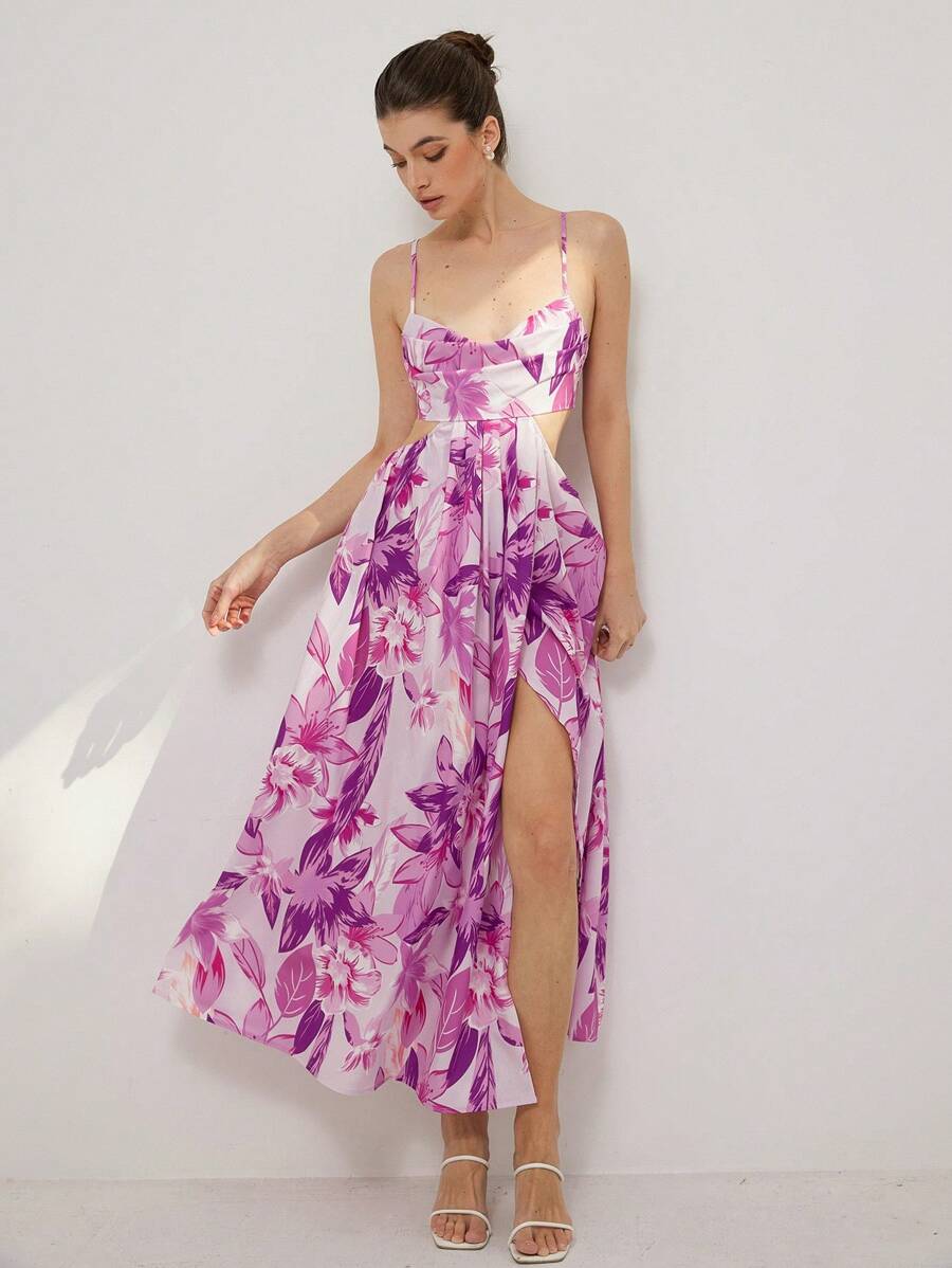 Bloemenprint Cut-Out Taille Split Dij Cami Jurk Vakantie Outfits Vrouw