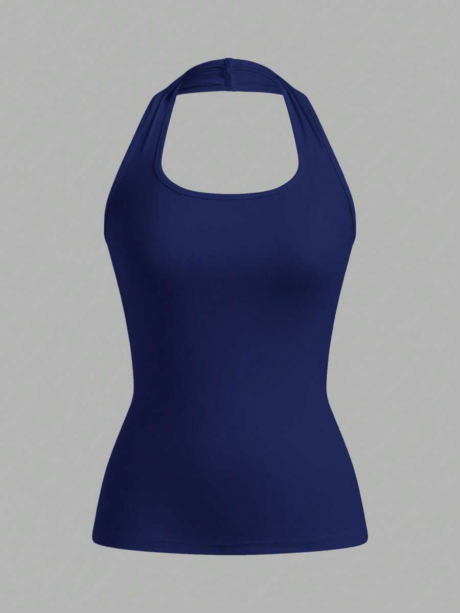 SHEIN EZwear Women's Navy Blue Tight Fit Halter Neck Sleeveless Casual Tank Top, Suitable For Summer