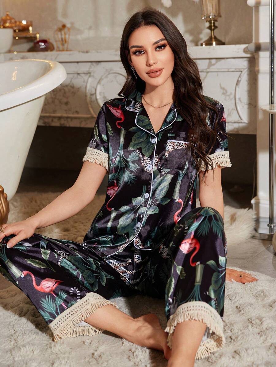 LuxeNights 1 conjunto de pijama de seda artificial con recorte de encaje y frente abierto para mujeres