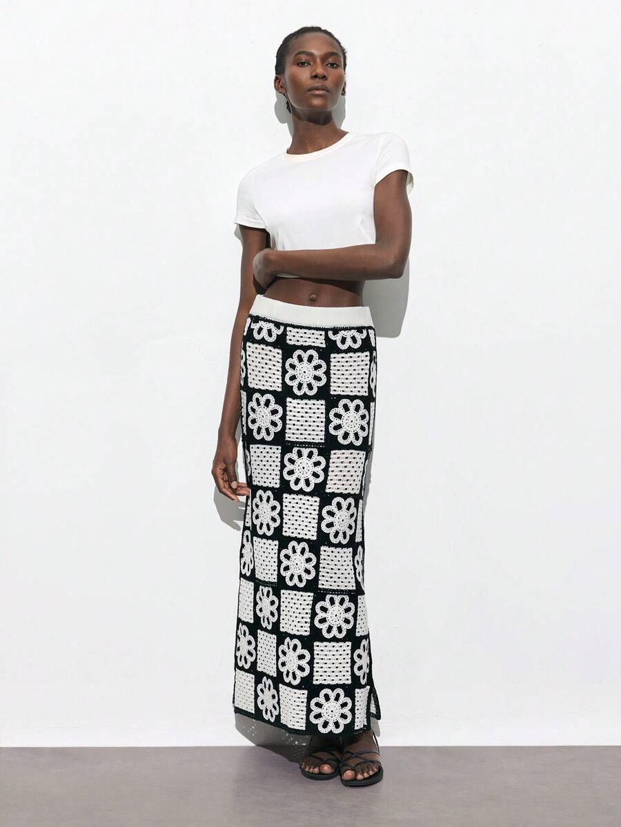 Maija Women's Floral Plaid Crochet Long Skirt, Beach Vacation Style Suitable For St. Patrick's Day, Spring Break, Easter, Music Festivals,Vacation Outfits