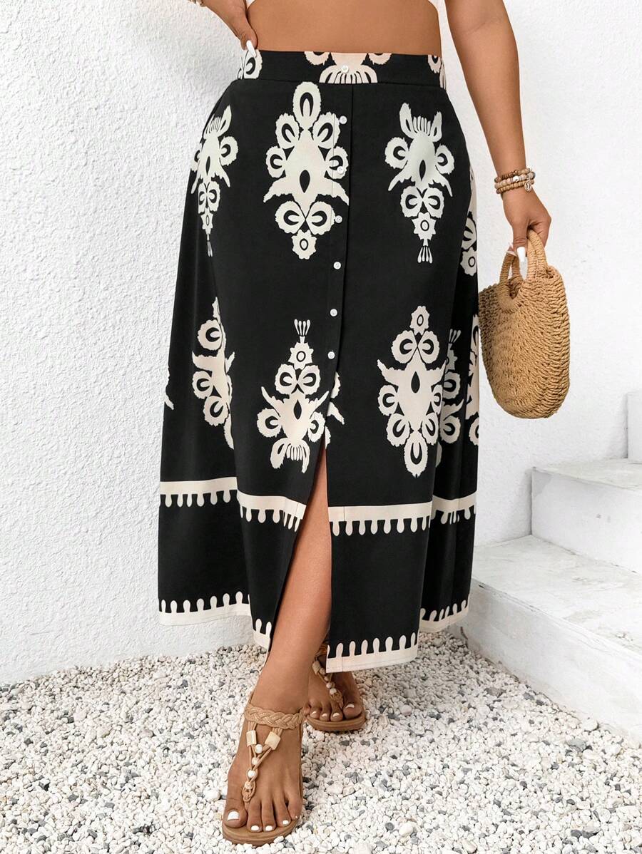 SHEIN Frenchy Plus Size Random Printed Front Button Skirt, Casual Vacation
