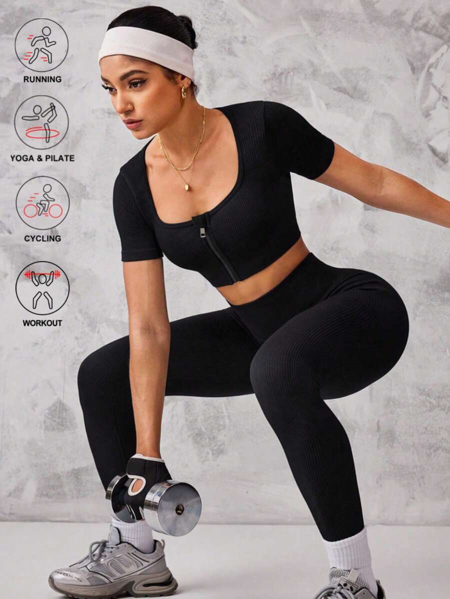 SHEIN Sport Studio Women's Solid Color Cropped Top And Leggings Seamless Activewear Set